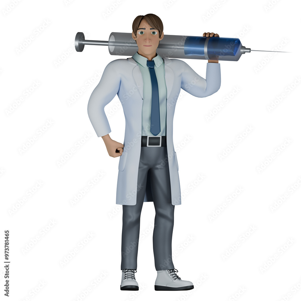 Professional Doctor Character in 3D. A male doctor stands with a syringe on his left shoulder while his right hand is on his waist. Male Professional Doctor Character in 3D. A male doctor stands with a syringe on his left shoulder while his right hand is on his waist. Male