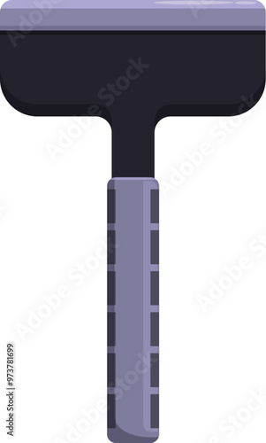 Black ice scraper with a rubber handle for removing ice from a car windshield standing up on a white background