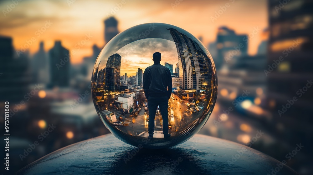A Man Gazing at a Cityscape Reflected in a Spherical Object A Man Gazing at a Cityscape Reflected in a Spherical Object