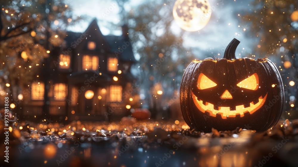 Fototapeta premium Spooky Halloween Jack o Lantern with Glowing Eyes and Haunted House in the Background