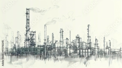 Industrial Scene: Line Drawing of an Oil Refinery Plant with the Sky in a Separate Layer – Representing the Oil Industry