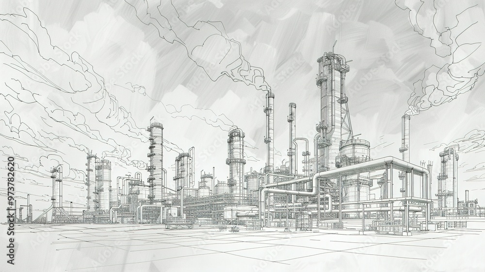 Line Drawing Depicting an Industrial Landscape Featuring an Oil Refinery Plant – Representing the Oil Industry with the Sky Depicted in a Separate Layer Line Drawing Depicting an Industrial Landscape Featuring an Oil Refinery Plant – Representing the Oil Industry with the Sky Depicted in a Separate Layer