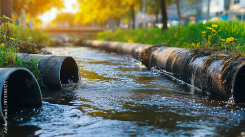 Stormwater drainage system with large pipes and flowing water