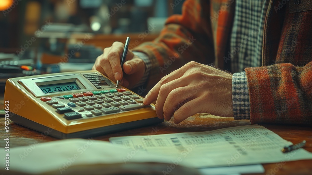 Fototapeta premium Person using a calculator while reviewing financial documents.