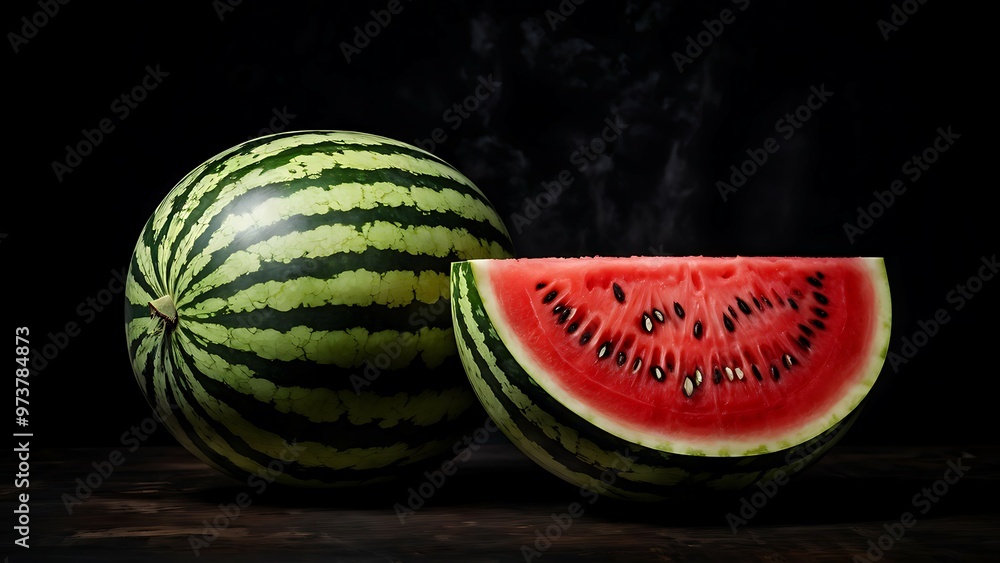 Whole and Sliced Watermelon on Wooden Table with Smoke Whole and Sliced Watermelon on Wooden Table with Smoke