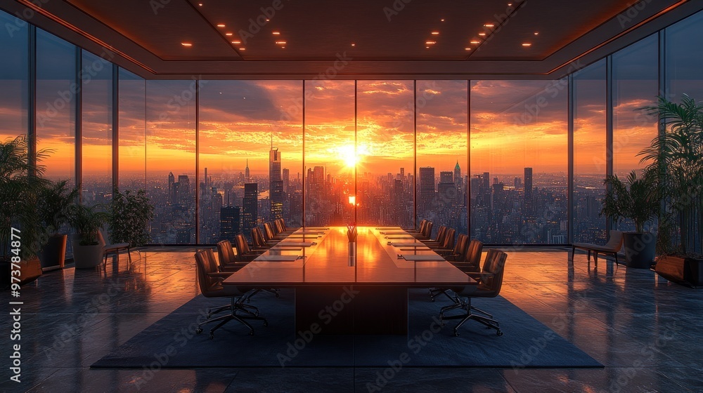 Modern boardroom with sunset view over a city skyline. Modern boardroom with sunset view over a city skyline.