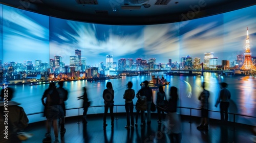 group of people in a room with screens alluding to a futuristic museum photo