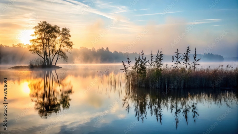 Obraz premium Coastal vegetation silhouettes over a lake on a foggy morning , foggy, coastal, vegetation, silhouettes, lake, morning