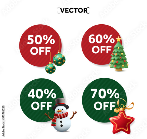 3d Christmas sale badges or labels with Christmas tree and snowman shape, percentage price off, isolated on white backgrounds. Discount badges, sale off labels. Vector illustration. Vector