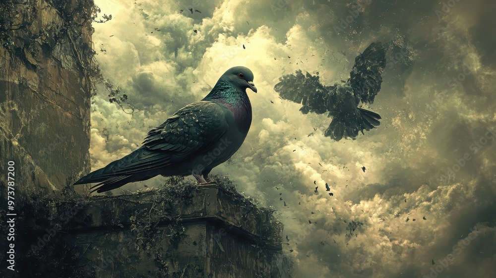 Fototapeta premium A surreal depiction of a pigeon in a fantastical setting, blending dreamlike and imaginative elements.