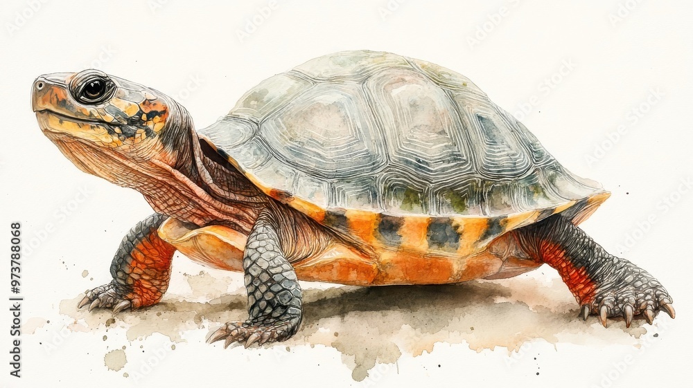 Obraz premium A terrapin illustrated in watercolor style, highlighting its unique shell with soft, blended colors.
