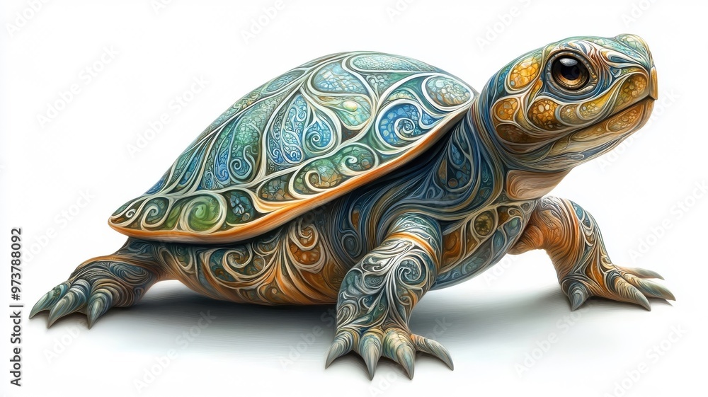 A terrapin rendered in Art Nouveau style, featuring intricate and flowing patterns on its shell. A terrapin rendered in Art Nouveau style, featuring intricate and flowing patterns on its shell.
