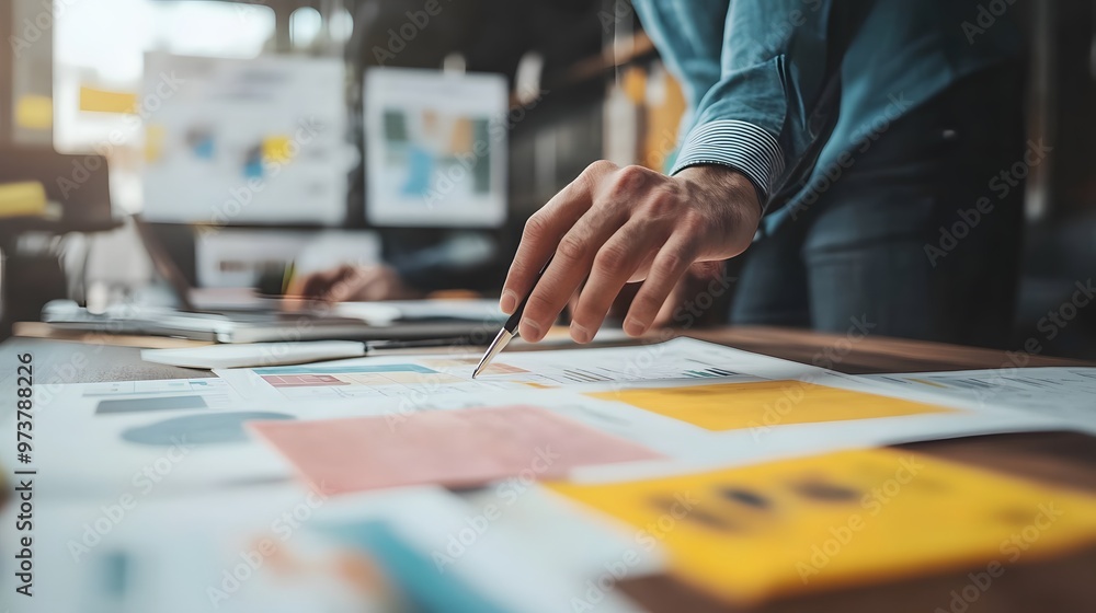 Close-up of a Businessperson's Hand Pointing at a Chart with a Pen Close-up of a Businessperson's Hand Pointing at a Chart with a Pen