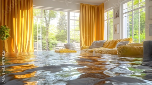 Waterlogged curtains and soaked upholstery in a flooded living room photo