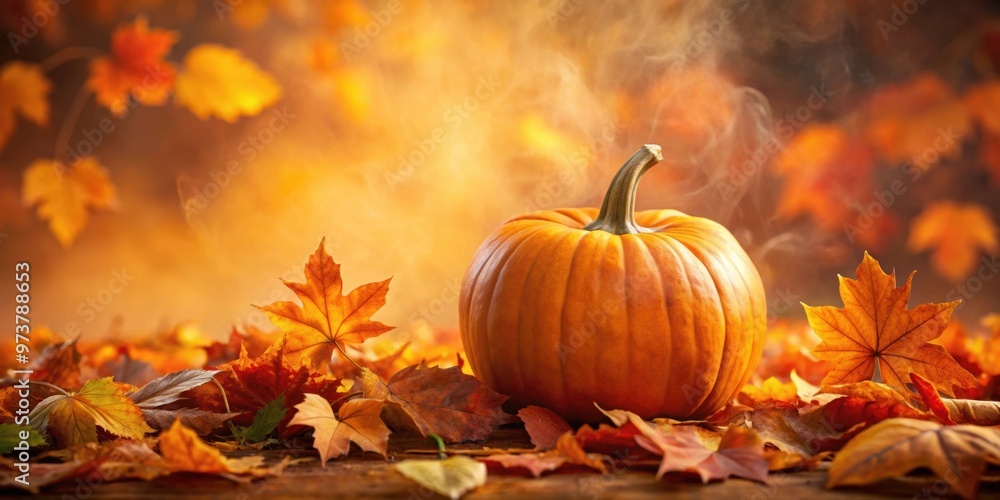 Still life of a pumpkin surrounded by vibrant autumn leaves, with an orange fog in the background, pumpkin, leaves Still life of a pumpkin surrounded by vibrant autumn leaves, with an orange fog in the background, pumpkin, leaves