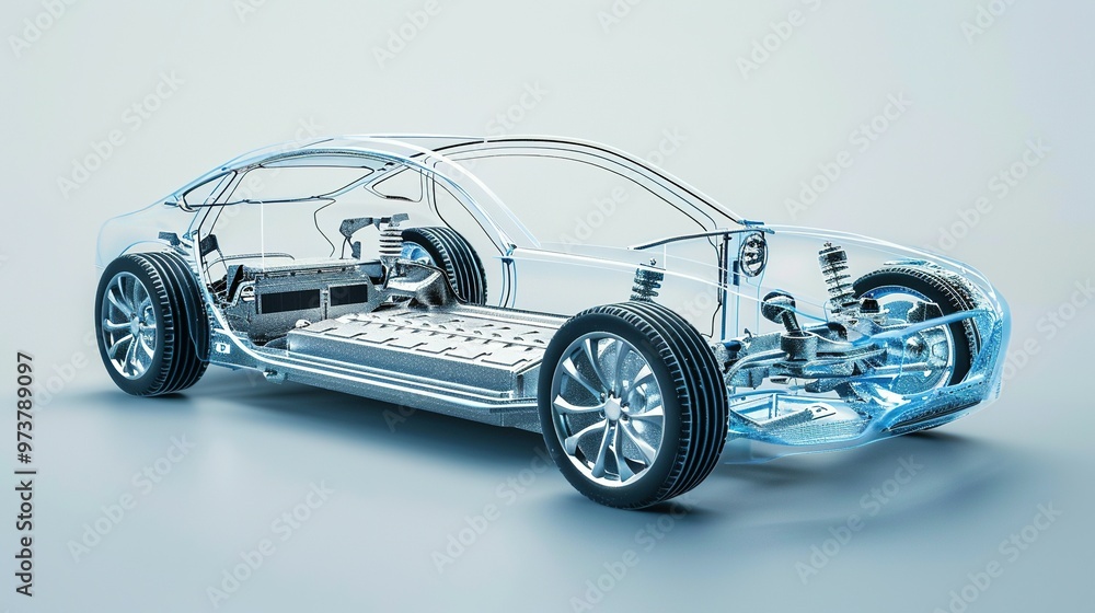 Studio Environment X-Ray: Line Art 3D Illustration of a Modern Electric Car Chassis, Revealing the Vehicle Battery Studio Environment X-Ray: Line Art 3D Illustration of a Modern Electric Car Chassis, Revealing the Vehicle Battery