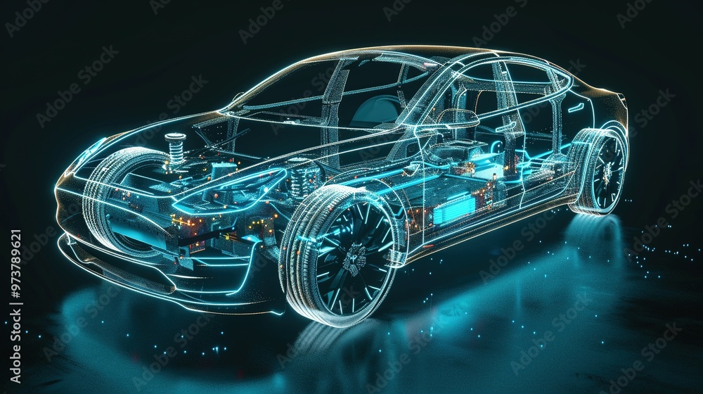 Revealing the Vehicle Battery: Line Art 3D Illustration of a Modern Electric Car Chassis X-Ray in a Studio Setting Revealing the Vehicle Battery: Line Art 3D Illustration of a Modern Electric Car Chassis X-Ray in a Studio Setting