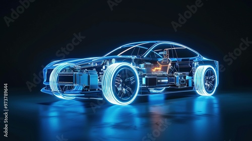 Revealing the Vehicle Battery: Line Art 3D Illustration of a Modern Electric Car Chassis X-Ray in a Studio Setting