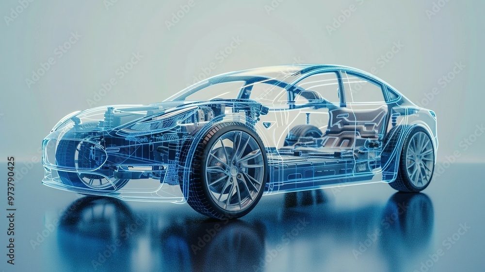 Studio Setting X-Ray: Line Art 3D Illustration of a Modern Electric Car Chassis, Showcasing the Vehicle Battery Studio Setting X-Ray: Line Art 3D Illustration of a Modern Electric Car Chassis, Showcasing the Vehicle Battery