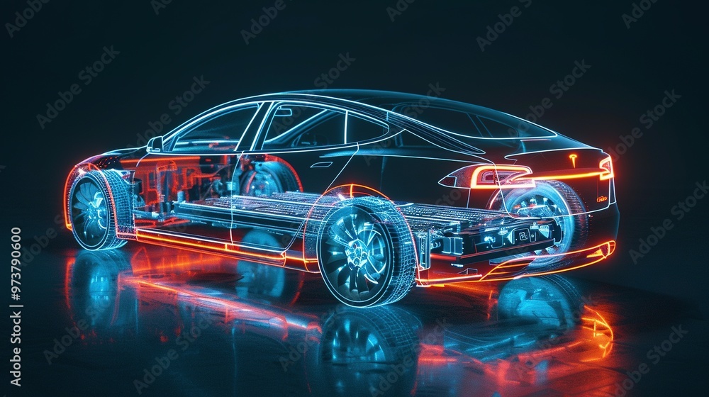 Studio Setting X-Ray: Line Art 3D Illustration of a Modern Electric Car Chassis, Showcasing the Vehicle Battery Studio Setting X-Ray: Line Art 3D Illustration of a Modern Electric Car Chassis, Showcasing the Vehicle Battery
