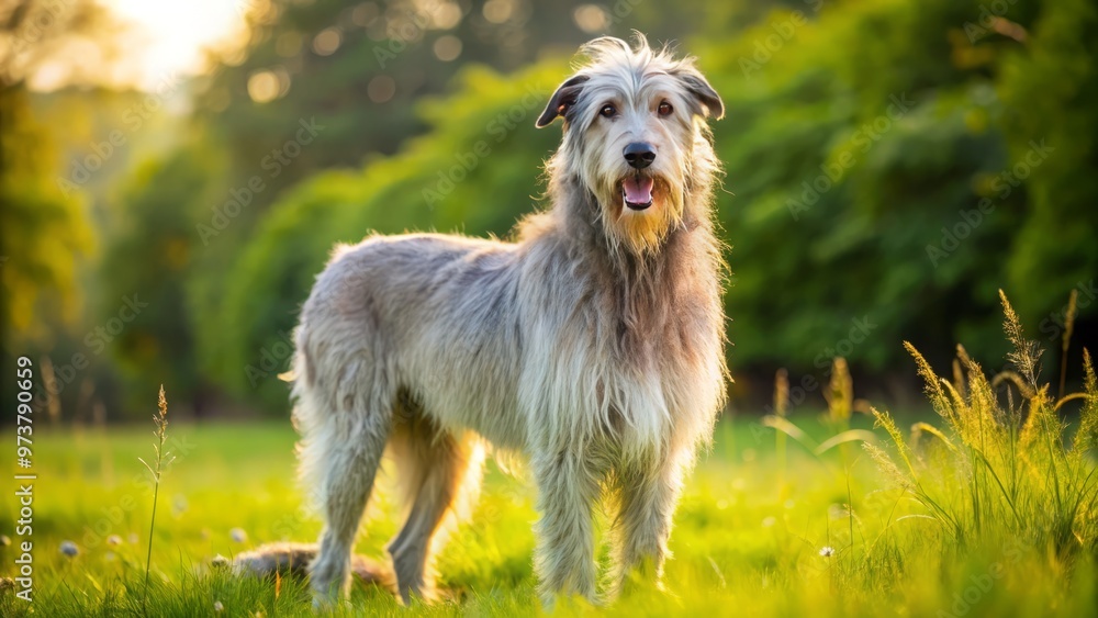Fototapeta premium A fluffy Irish Wolfhound with a sweet expression stands proudly in a lush green meadow, its grey and