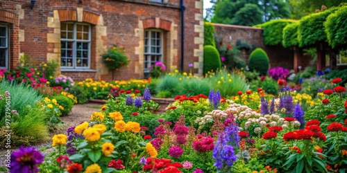 Colorful flowers and green plants in garden with brick building in background