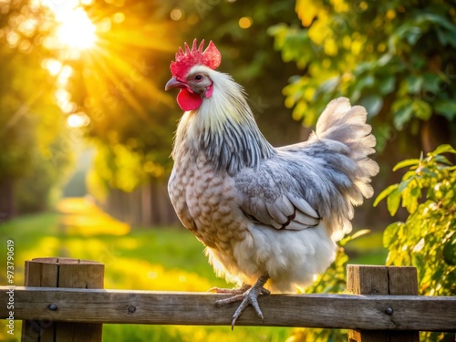 A fluffy grey and white Marans chicken stands proudly on a rustic farm fence, feathers glistening in the photo