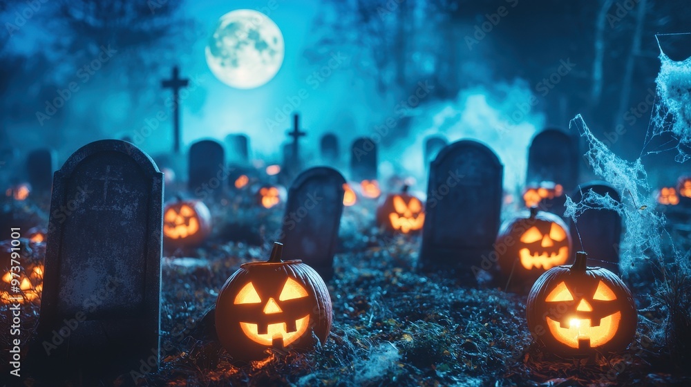 Spooky Halloween Night Cemetery with Jack O Lantern Pumpkins Spooky Halloween Night Cemetery with Jack O Lantern Pumpkins