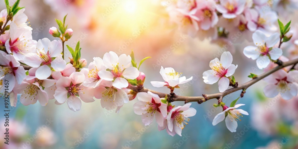 Almond blossoms blooming over a soft, blurred nature background, almond, blossoms, flowers, nature, spring, delicate, soft Almond blossoms blooming over a soft, blurred nature background, almond, blossoms, flowers, nature, spring, delicate, soft
