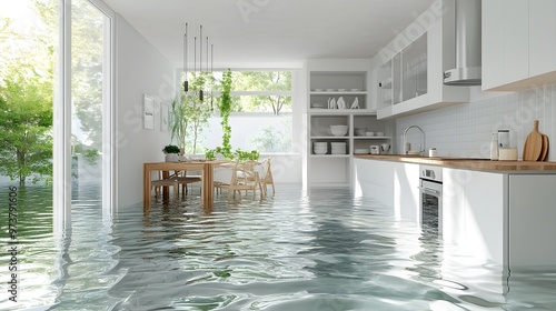 A bright, modern kitchen flooded by a broken pipe, water ripples forming across the floor, symbolizing the critical need for a fast insurance response photo