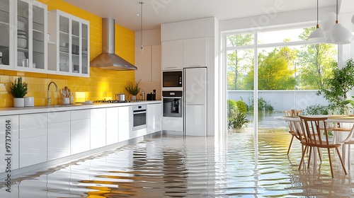 A bright, modern kitchen flooded by a broken pipe, water ripples forming across the floor, symbolizing the critical need for a fast insurance response photo