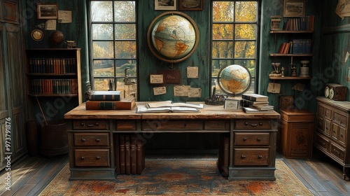 Cozy study with a wooden desk, globe, and bookshelves.