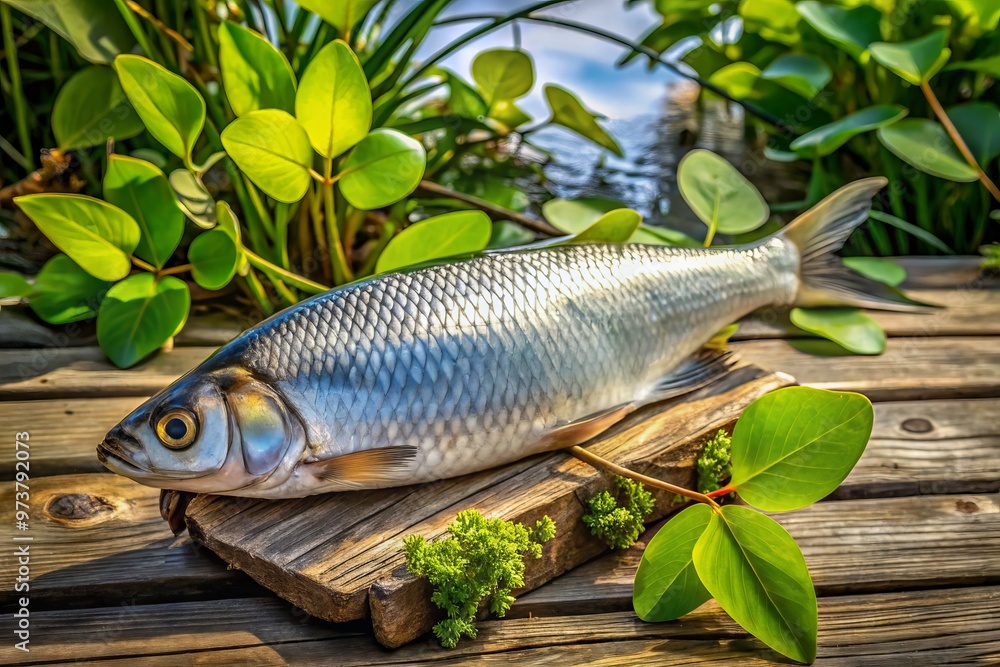 A fresh-caught American gizzard shad fish lies on a worn wooden dock, its silver scales glistening in sunlight A fresh-caught American gizzard shad fish lies on a worn wooden dock, its silver scales glistening in sunlight
