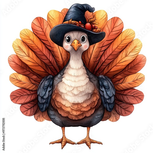 Cute turkey illustrations with pilgrim hat, Adorable watercolor illustrations of turkeys wearing pilgrim hats, perfect for Thanksgiving-themed designs, invitations, and seasonal decorations.
