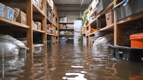 A flooded basement with water reaching the top of storage shelves
