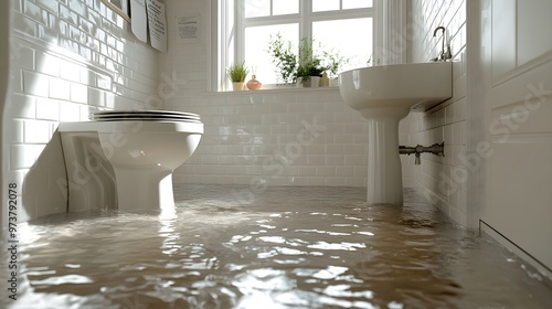 A flooded bathroom with water pooling around the toilet and sink