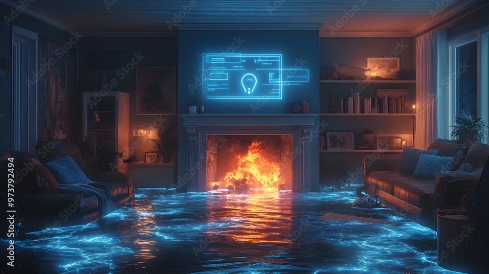 A flooded living room centered around a fireplace, augmented reality elements highlighting damage, with glowing holographic insurance icons, Realistic, Sci-fi, High Detail A flooded living room centered around a fireplace, augmented reality elements highlighting damage, with glowing holographic insurance icons, Realistic, Sci-fi, High Detail