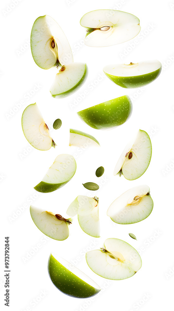 Thin green apple slices falling in a scattered formation Thin green apple slices falling in a scattered formation