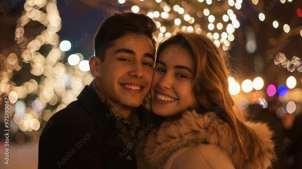 beautiful couple smiling in front of the camera celebrating christmas beautiful couple smiling in front of the camera celebrating christmas