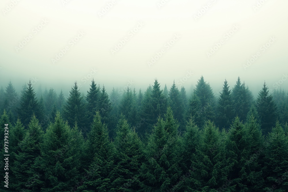 Dense fog covering a lush green pine forest Dense fog covering a lush green pine forest