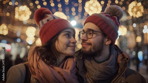 beautiful couple smiling in front of the camera celebrating christmas