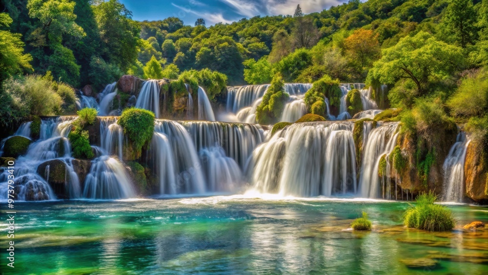 Fototapeta premium A stunning waterfall cascading down lush greenery at Ro?ki slap in Krka National Park, Croatia , waterfall