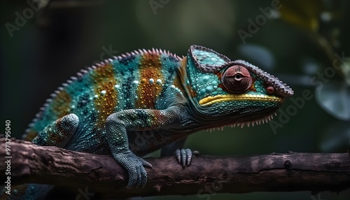 Agamidae animal wildlife, abstract animal background On the tree, a charming chameleon changes colors