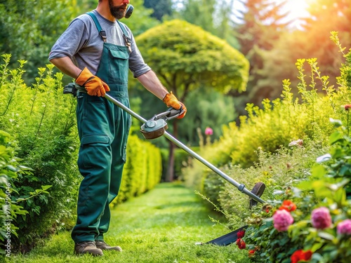 A gardener or landscaper is shown trimming and cutting weeds and overgrown vegetation in a yard or garden