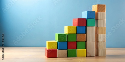 A stack of colorful wooden blocks arranged in a ladder-like structure representing growth and development, growth