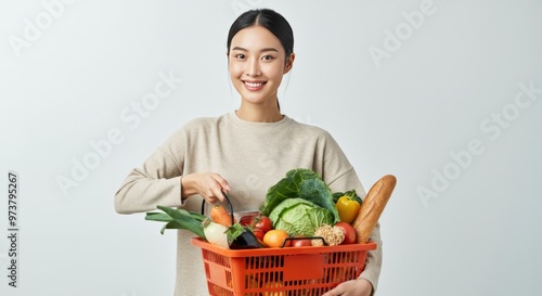 Wallpaper Mural Happy Woman Holding a Basket of Groceries Torontodigital.ca