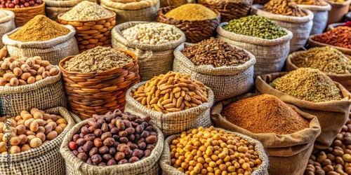 Assorted nuts in sacks at a traditional market, nuts, sacks, market, food, healthy, fresh, organic, peanuts, almonds