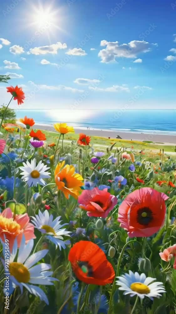 sunlit meadow filled with colorful summer flowers like poppies, daisies and under a clear blue sky. The warm light shines through the petals, creating soft shadows on the ground. In the background, a sunlit meadow filled with colorful summer flowers like poppies, daisies and under a clear blue sky. The warm light shines through the petals, creating soft shadows on the ground. In the background, a