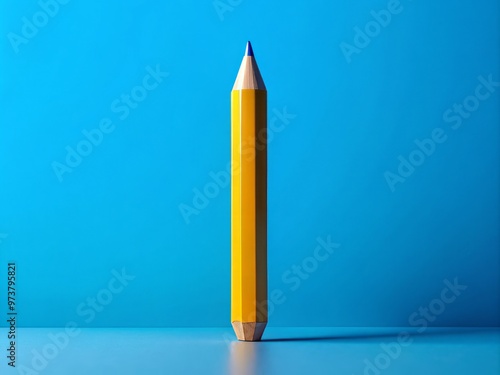 A gigantic yellow pencil stands upright on a bright blue background, its oversized tip and eraser end majestically photo