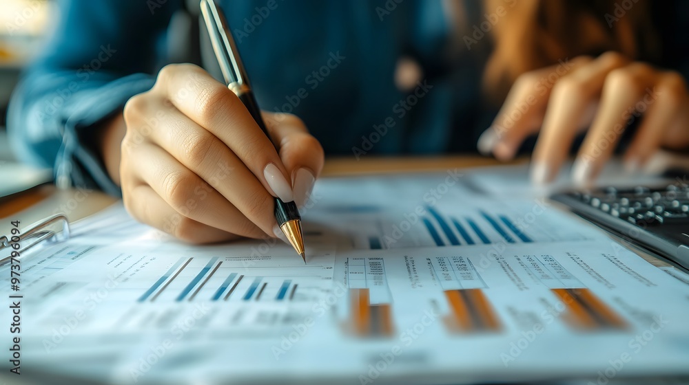 Close-up of a Woman's Hand Holding a Pen Over a Spreadsheet Close-up of a Woman's Hand Holding a Pen Over a Spreadsheet